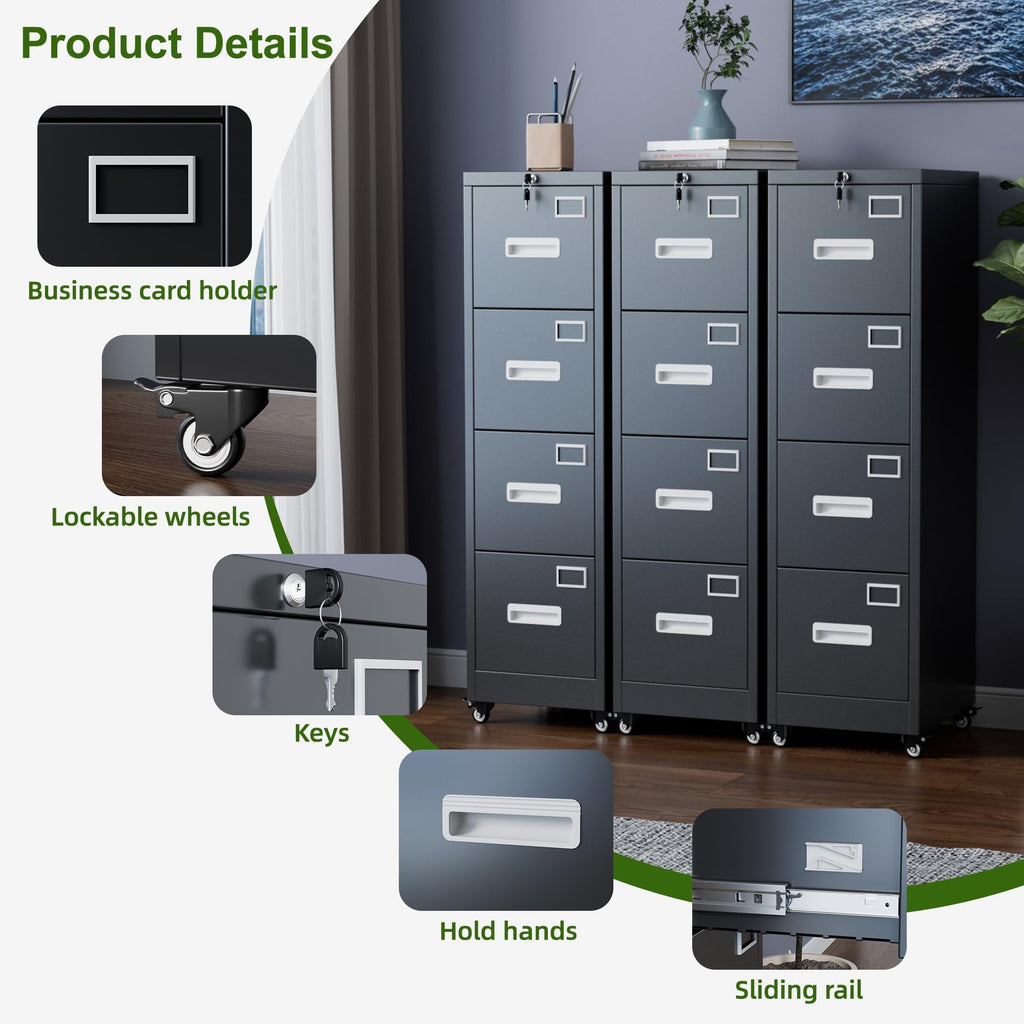 4 Drawer Black Metal File Cabinet with Lock and Wheels F638