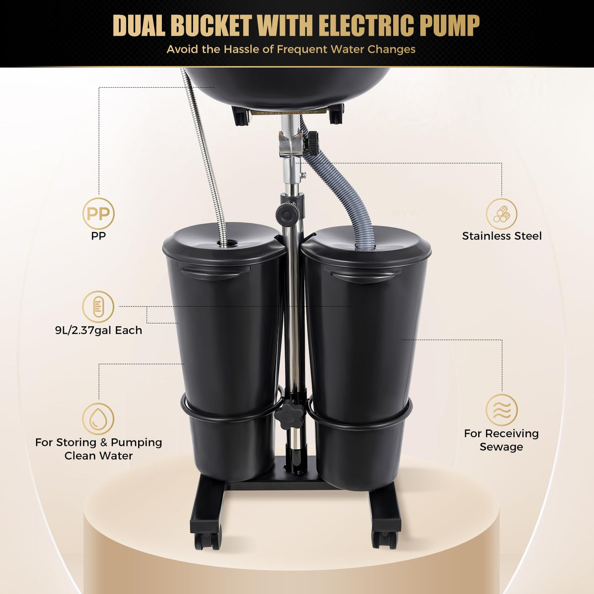 Portable Shampoo Bowl Electric Pump 2 Buckets Height Adjustable Q27861