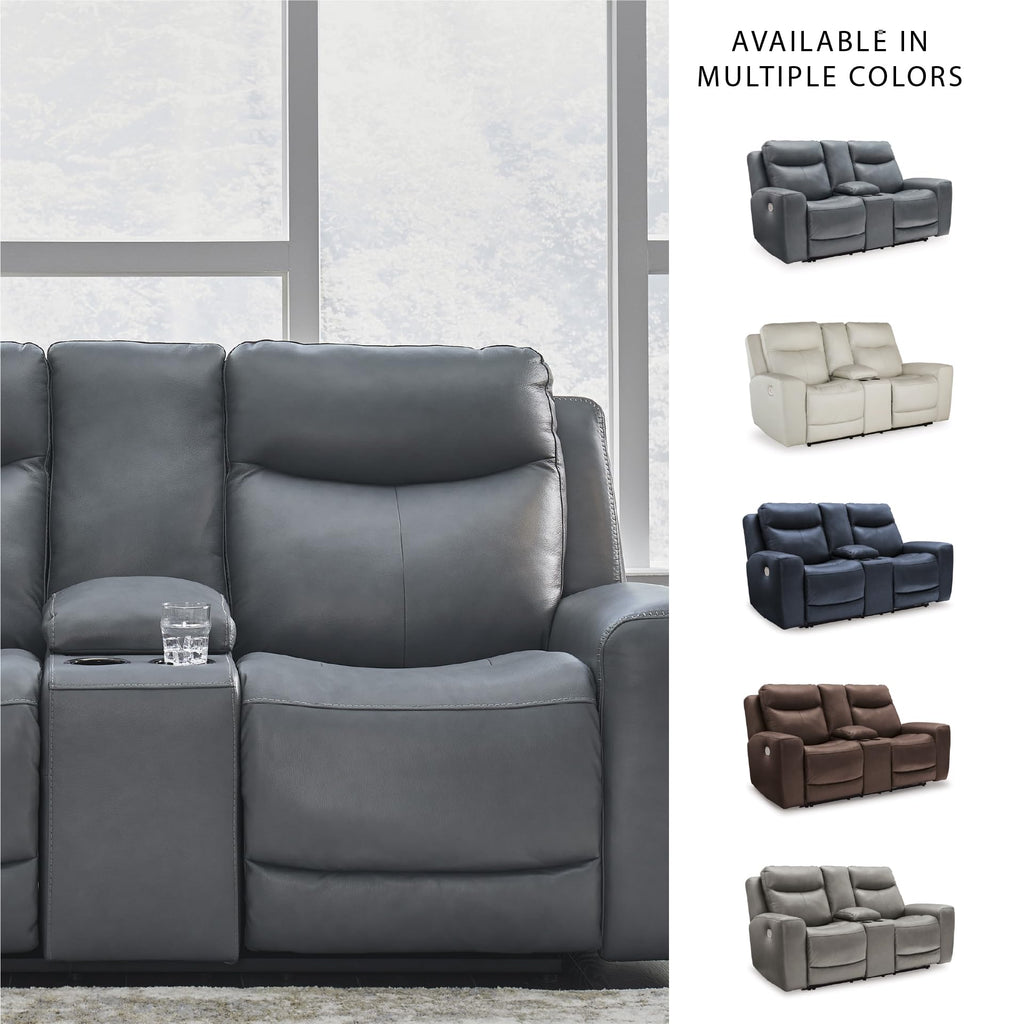 Gray Leather Match Power Reclining Loveseat with Console S235