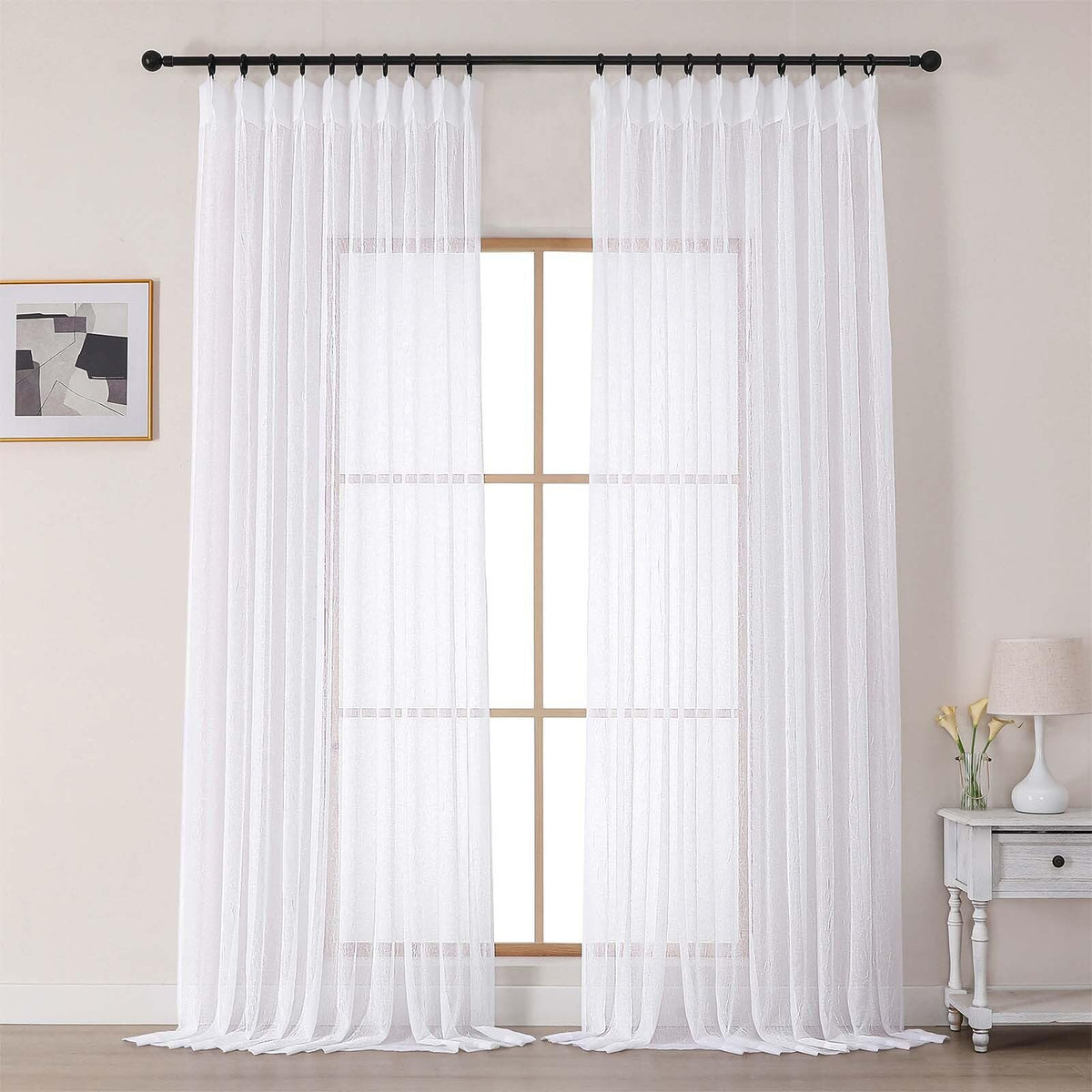 White Sheer Pinch Pleated Curtains 96 Inches 2 Panels I644
