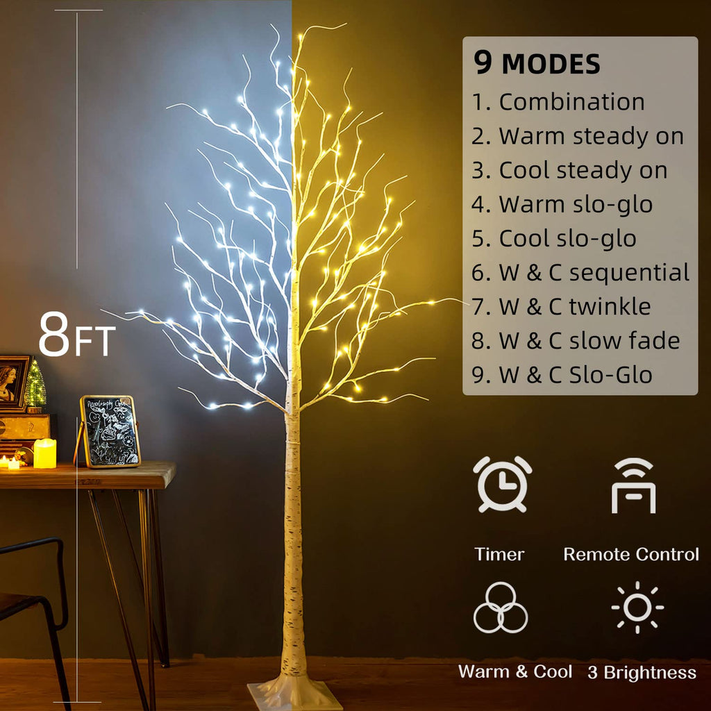 8ft 136LED Lighted Artificial Birch Tree with Timer Z6538