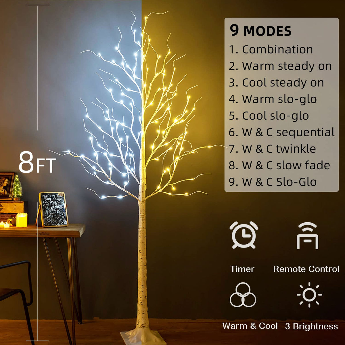 8ft 136LED Lighted Artificial Birch Tree with Timer Z6538