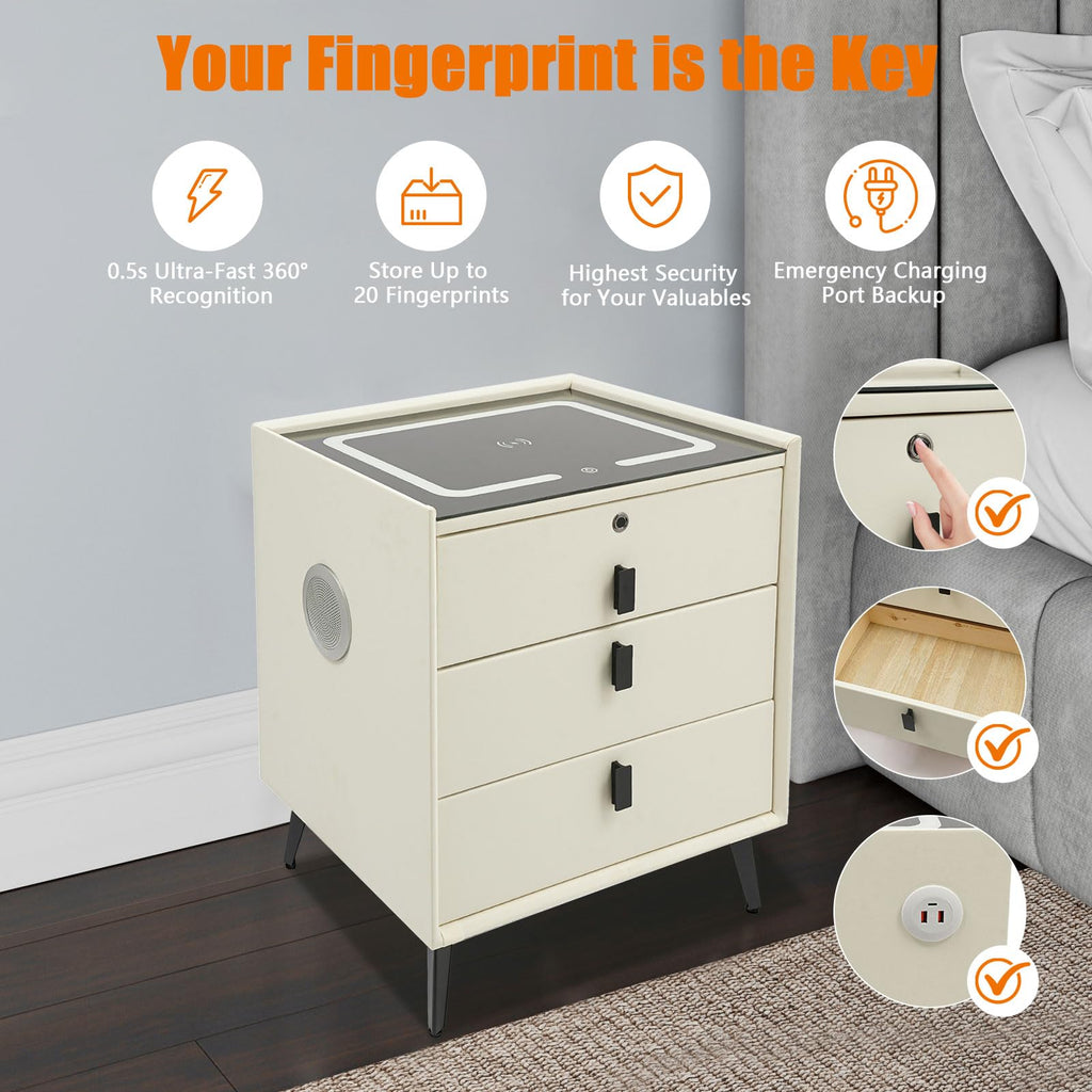 Beige White Smart LED Nightstand with USB Charging J9829