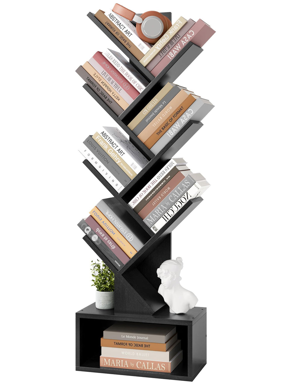 Black 6 Tier Wood Tree Bookshelf with Drawer D99322