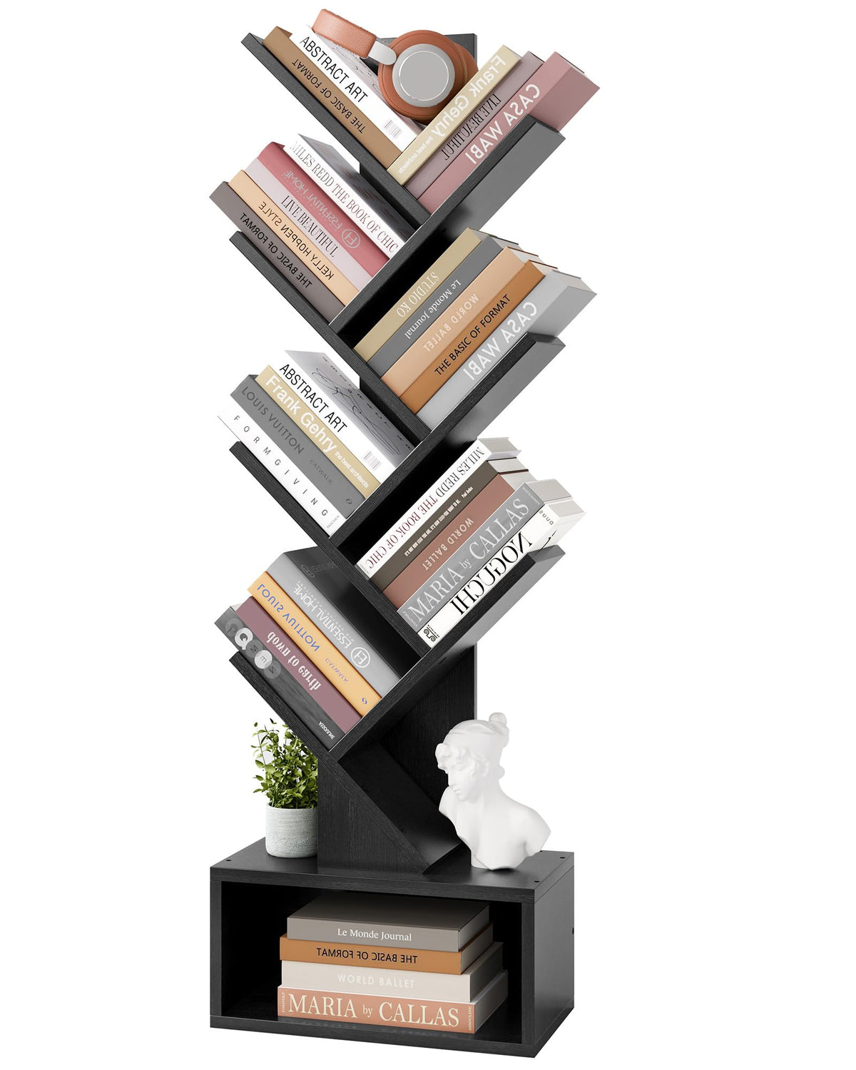Black 6 Tier Wood Tree Bookshelf with Drawer D99322