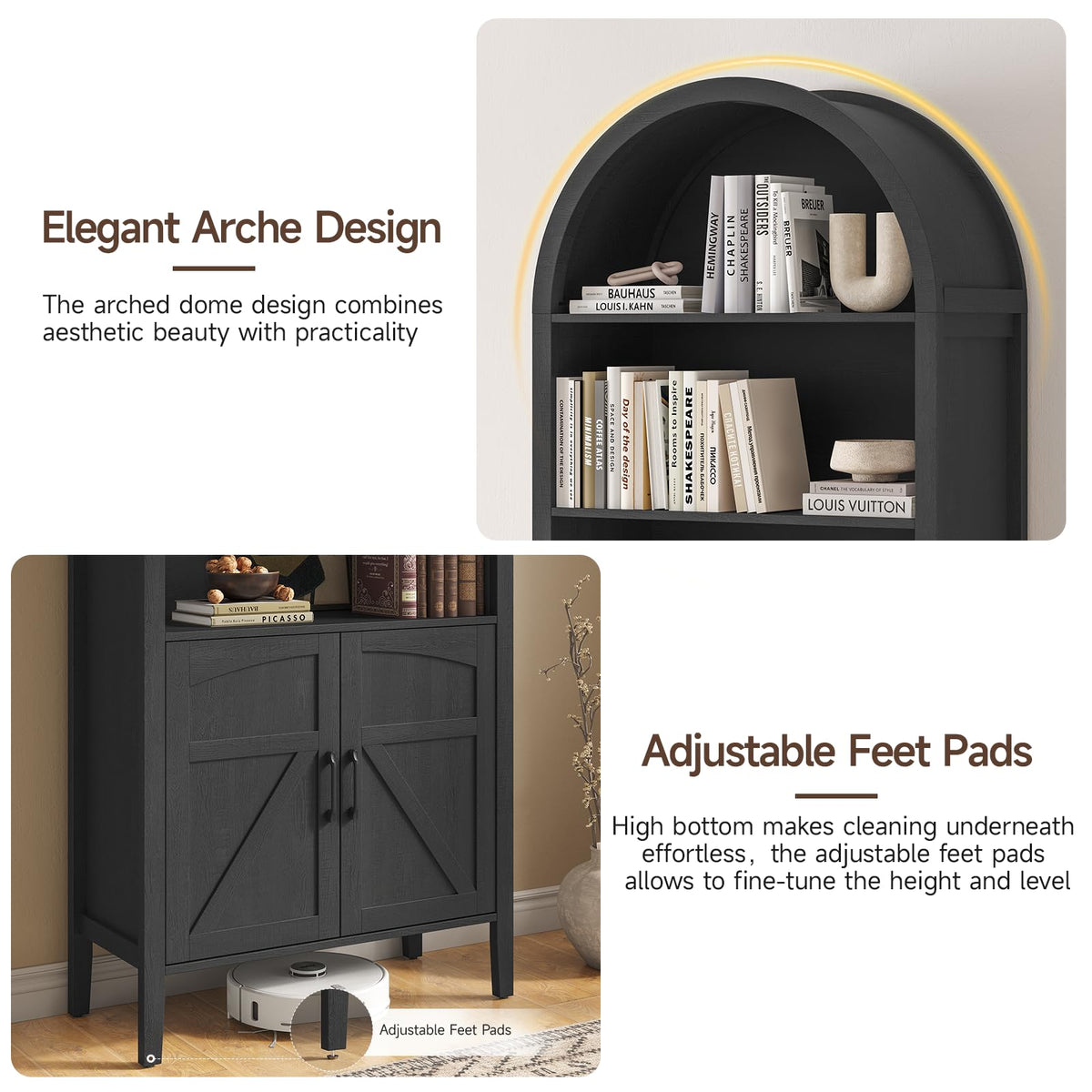 Black 5-Tier Arched Bookshelf with Door F1902