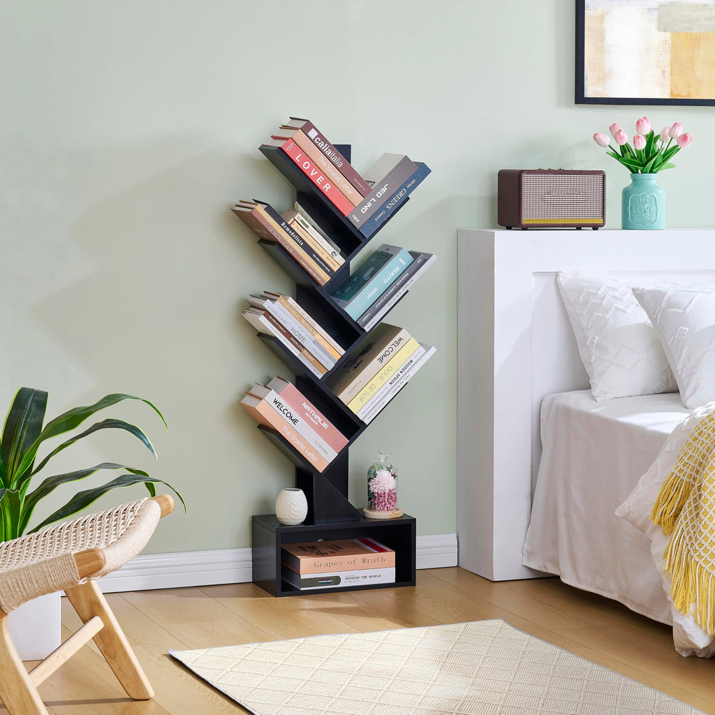 Black 6 Tier Wood Tree Bookshelf with Drawer D99322