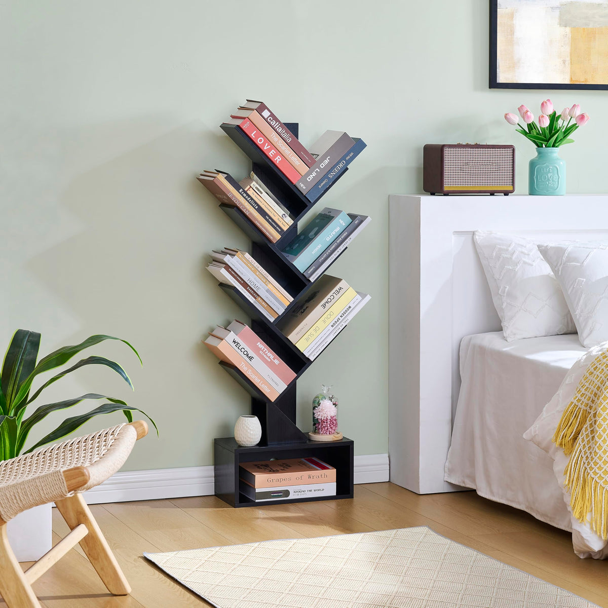 Black 6 Tier Wood Tree Bookshelf with Drawer D99322
