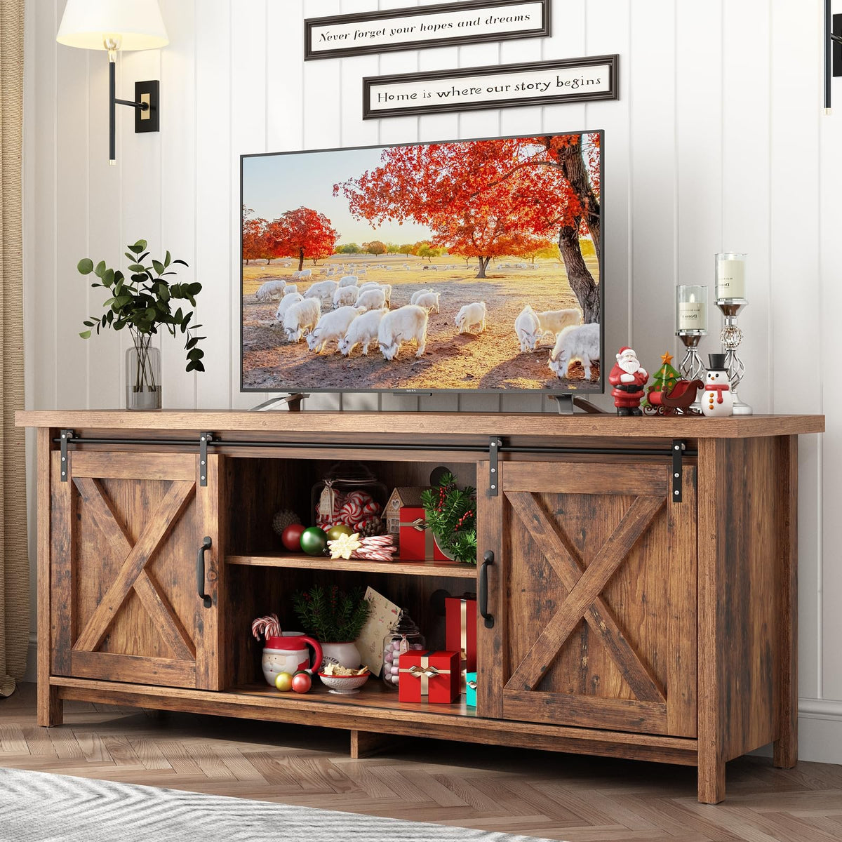 Farmhouse TV Stand with Adjustable Shelves & Sliding Barn Door Q57713