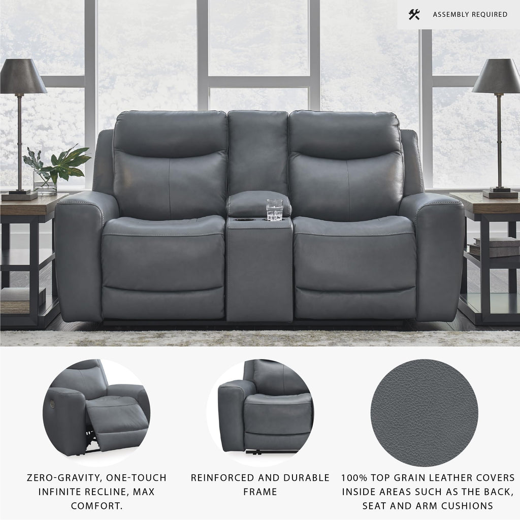 Gray Leather Match Power Reclining Loveseat with Console S235