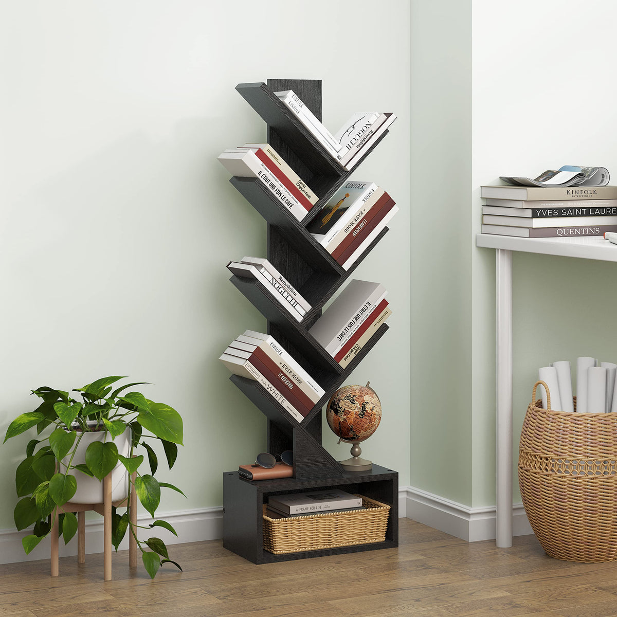 Black 6 Tier Wood Tree Bookshelf with Drawer D99322