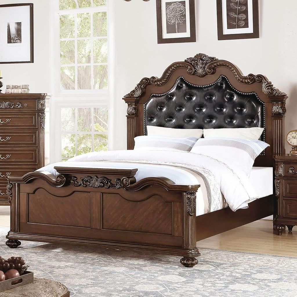 California King Faux Leather Tufted Cherry Wood Sleigh Bed Frame A852287