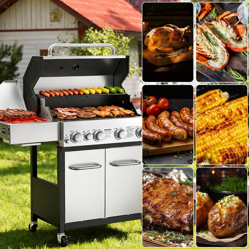 4 Burner Gas Grill with Side Burner and Wheels J792