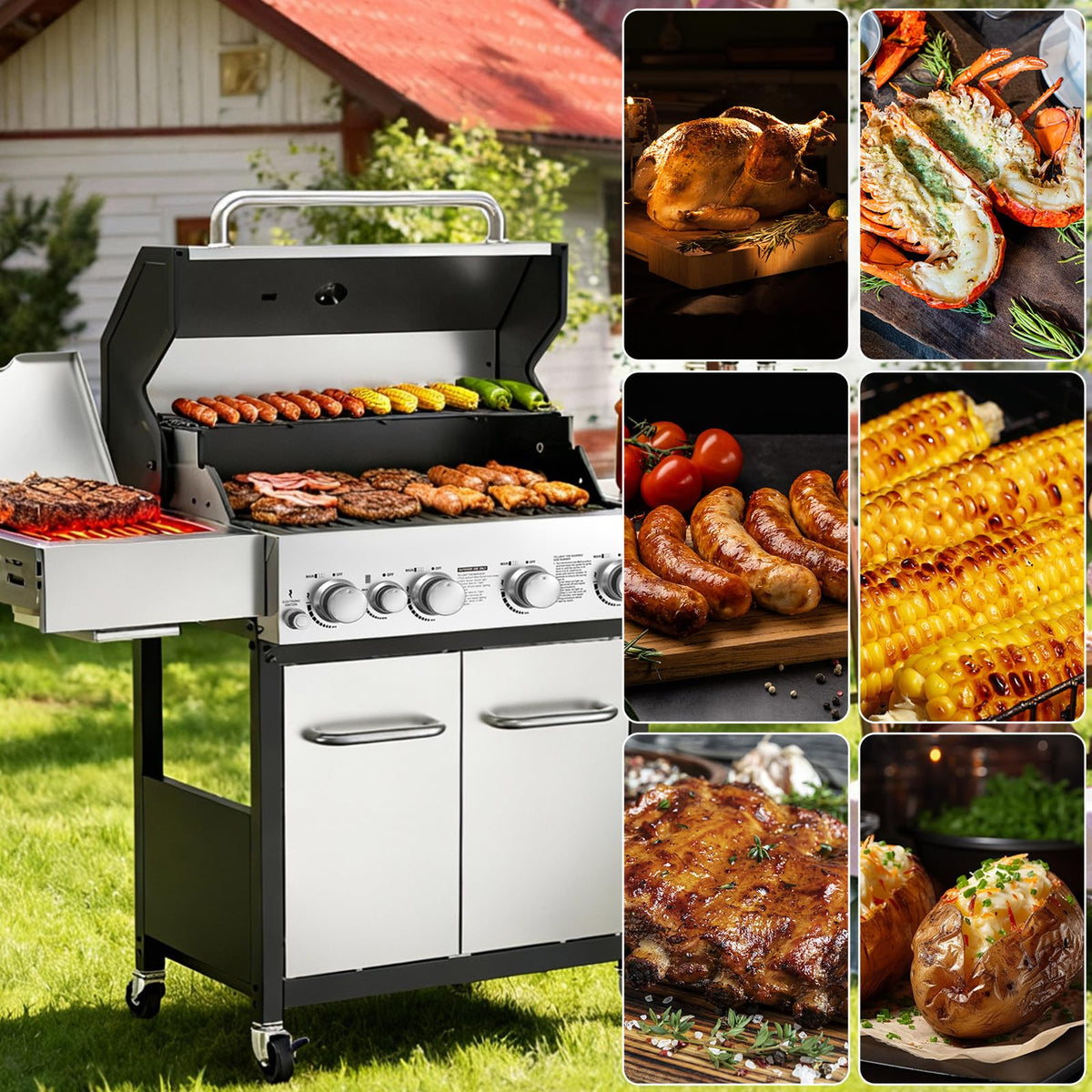 4 Burner Gas Grill with Side Burner and Wheels J792
