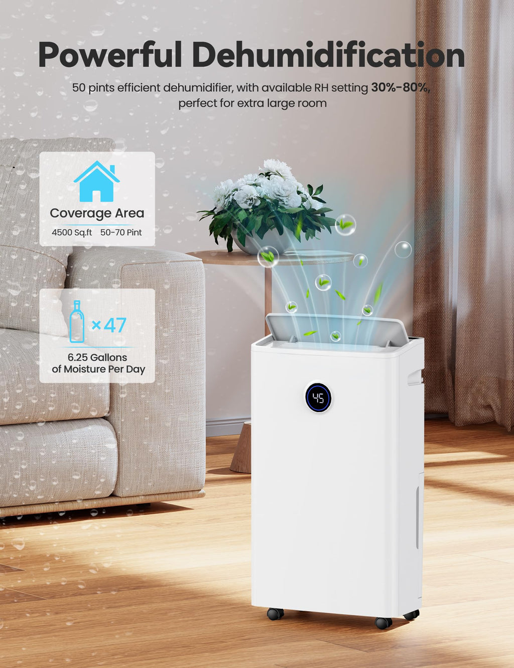 4500 Sq. Ft 50-70 Pints Dehumidifier with Drain Hose and 5L Water Tank H9435
