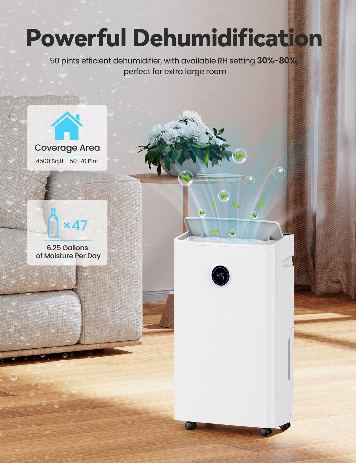 4500 Sq. Ft 50-70 Pints Dehumidifier with Drain Hose and 5L Water Tank H9435