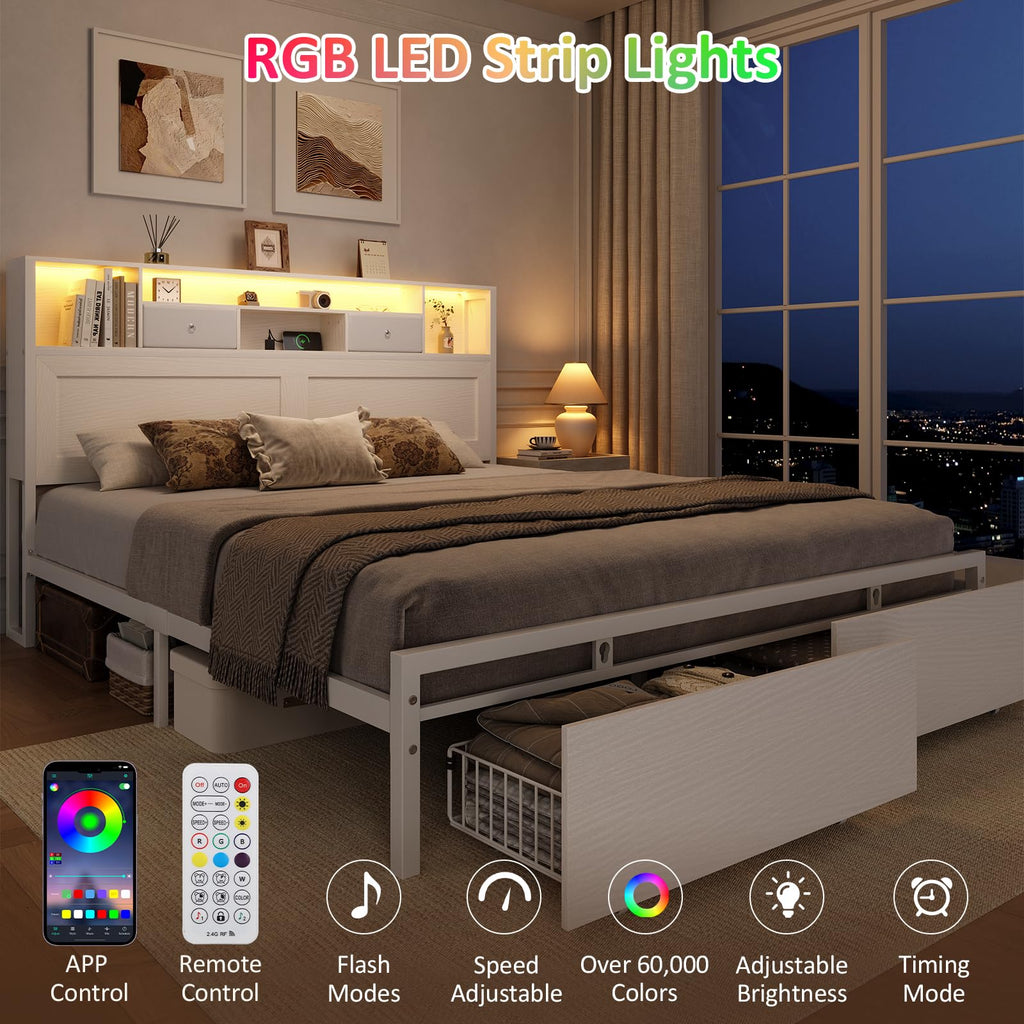 White Full Bed Frame with Storage Headboard and Drawers L6948