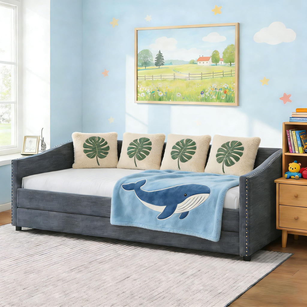 Twin Size Upholstered Daybed Frame with Trundle, Dark Grey D4218