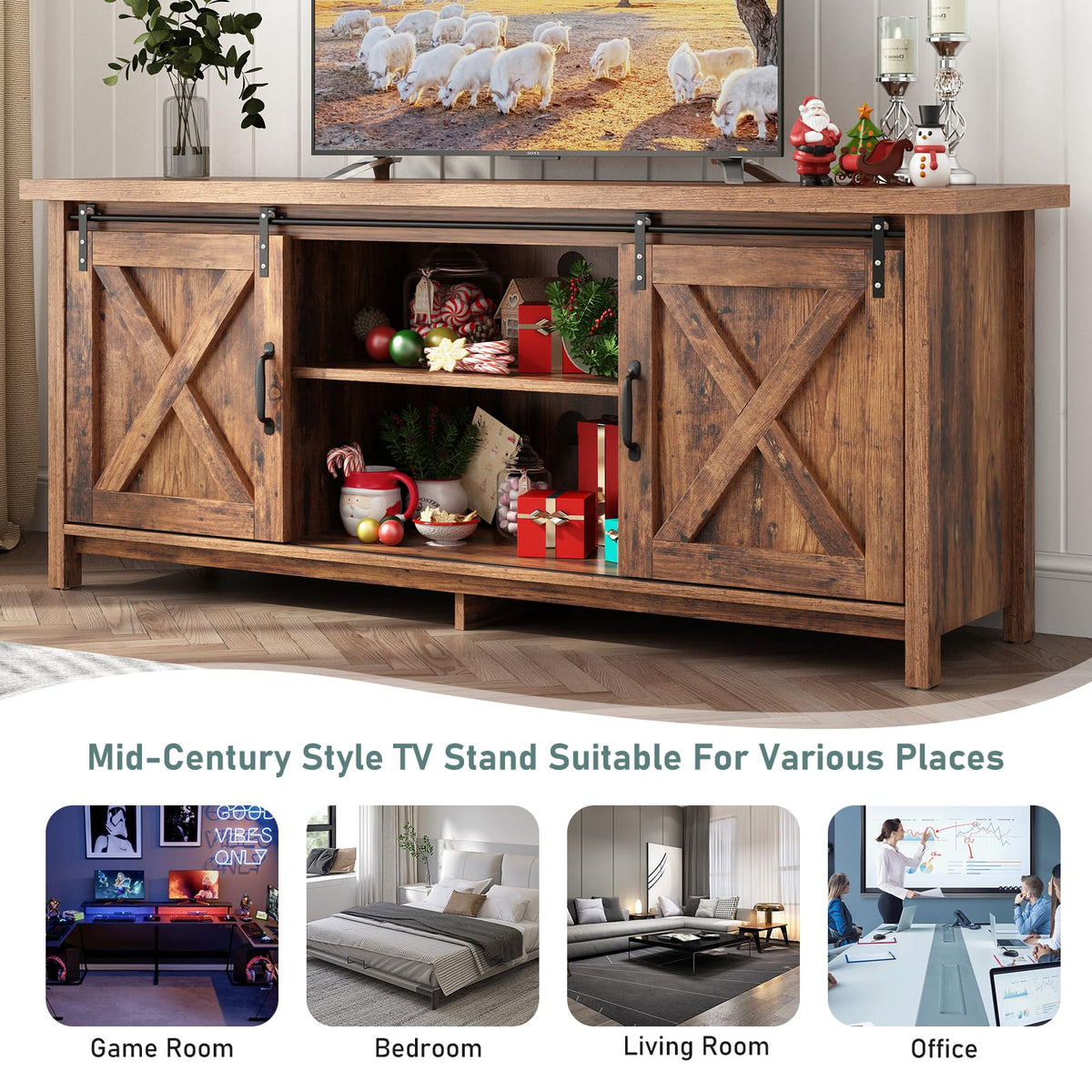 Farmhouse TV Stand with Adjustable Shelves & Sliding Barn Door Q57713
