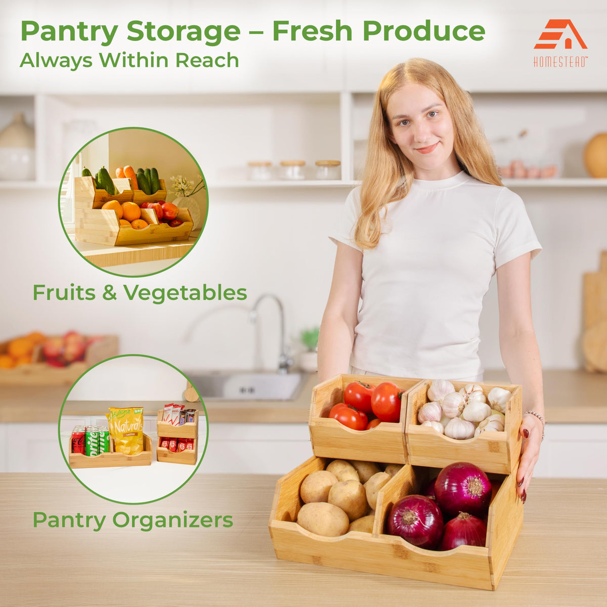 Bamboo Stackable Pantry Storage Bins Set of 3 Q4701