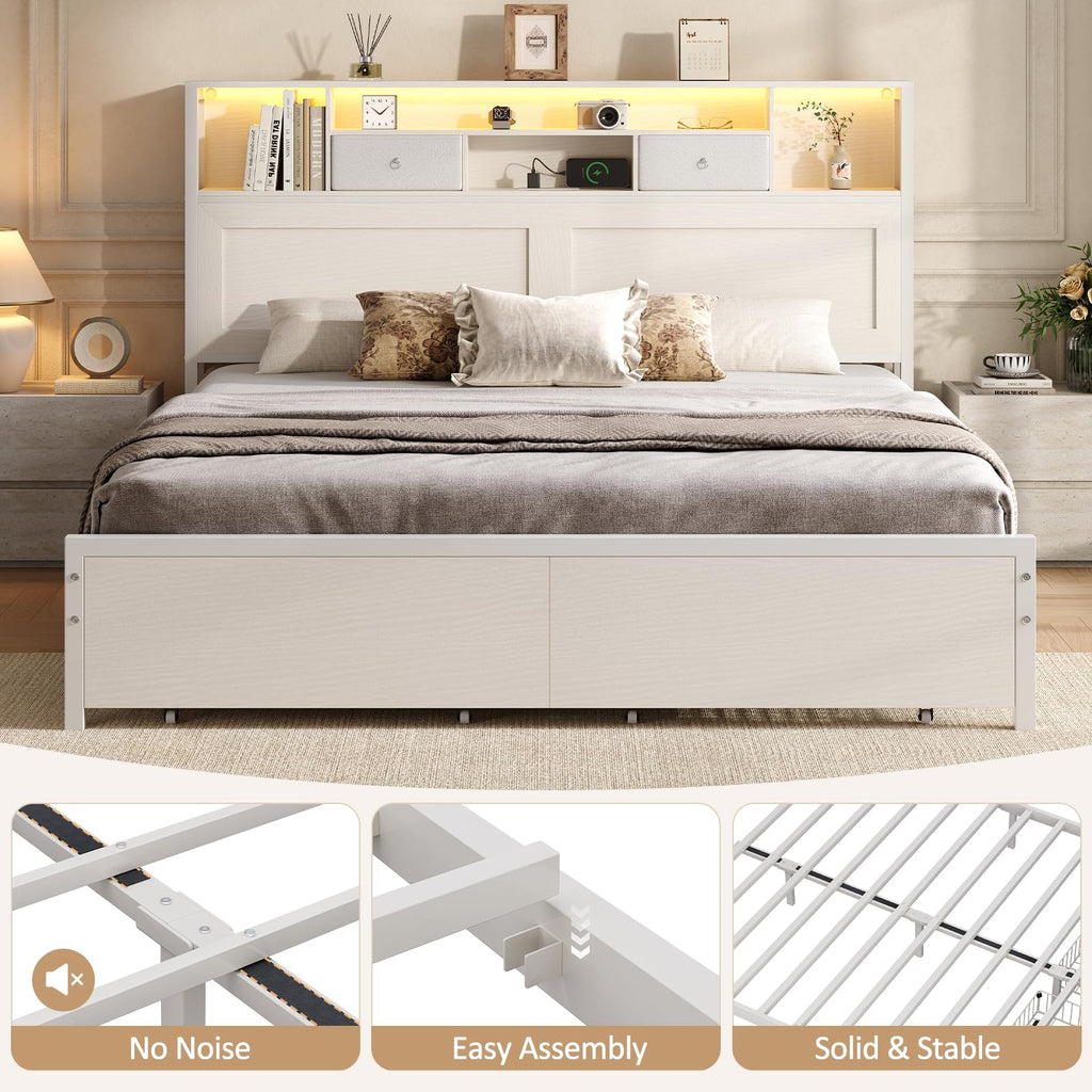 White Full Bed Frame with Storage Headboard and Drawers L6948