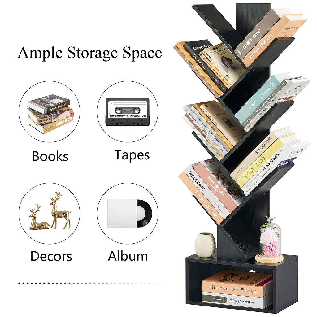 Black 6 Tier Wood Tree Bookshelf with Drawer D99322