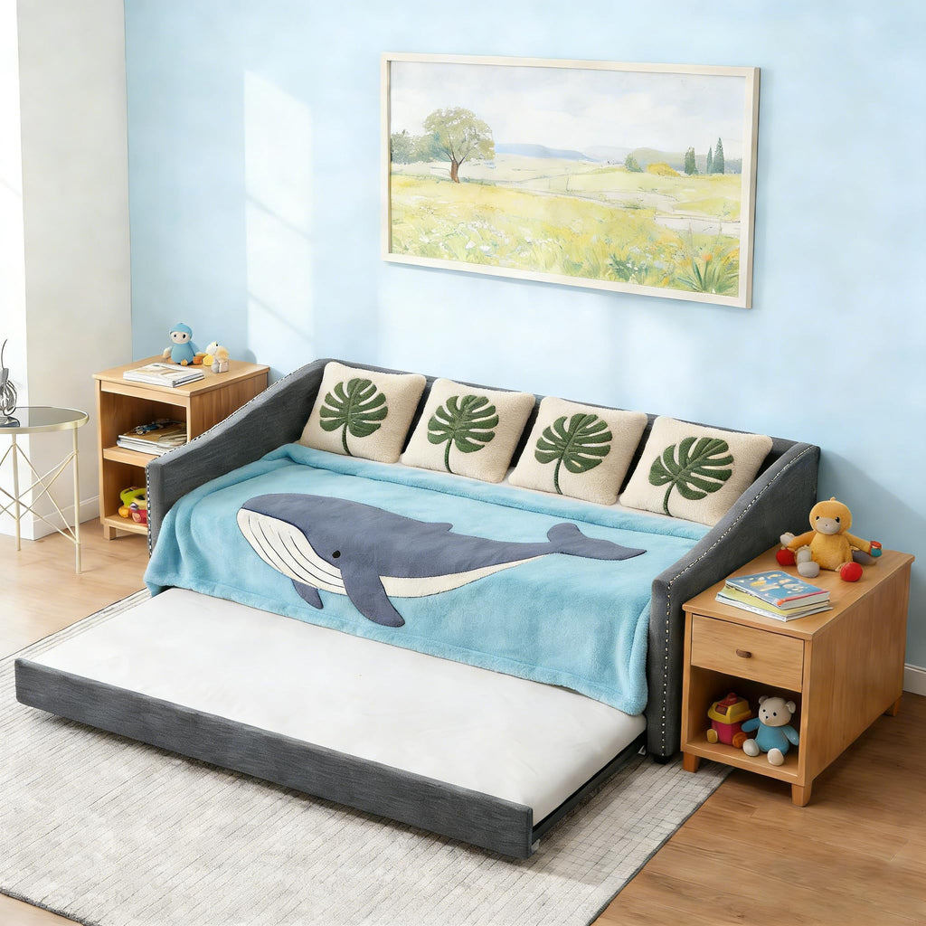 Twin Size Upholstered Daybed Frame with Trundle, Dark Grey D4218