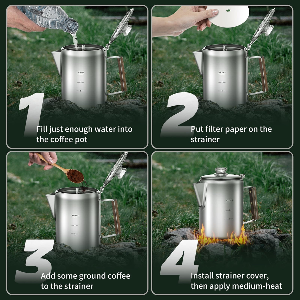 9 Cups Stainless Steel Coffee Percolator with 100pcs Coffee Filters U580