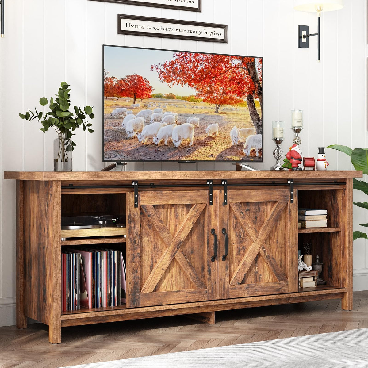 Farmhouse TV Stand with Adjustable Shelves & Sliding Barn Door Q57713