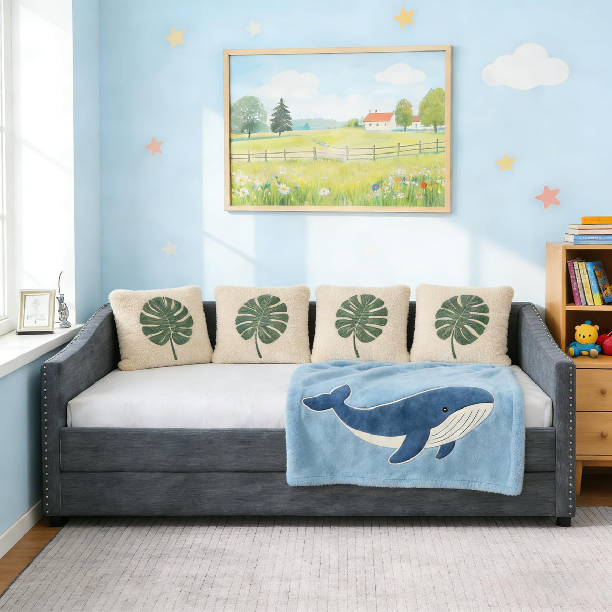 Twin Size Upholstered Daybed Frame with Trundle, Dark Grey D4218