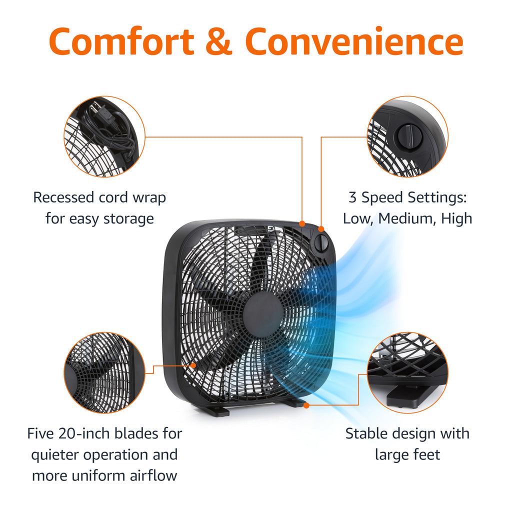 Black 20-Inch 3-Speed Box Fan with Carry Handle M128