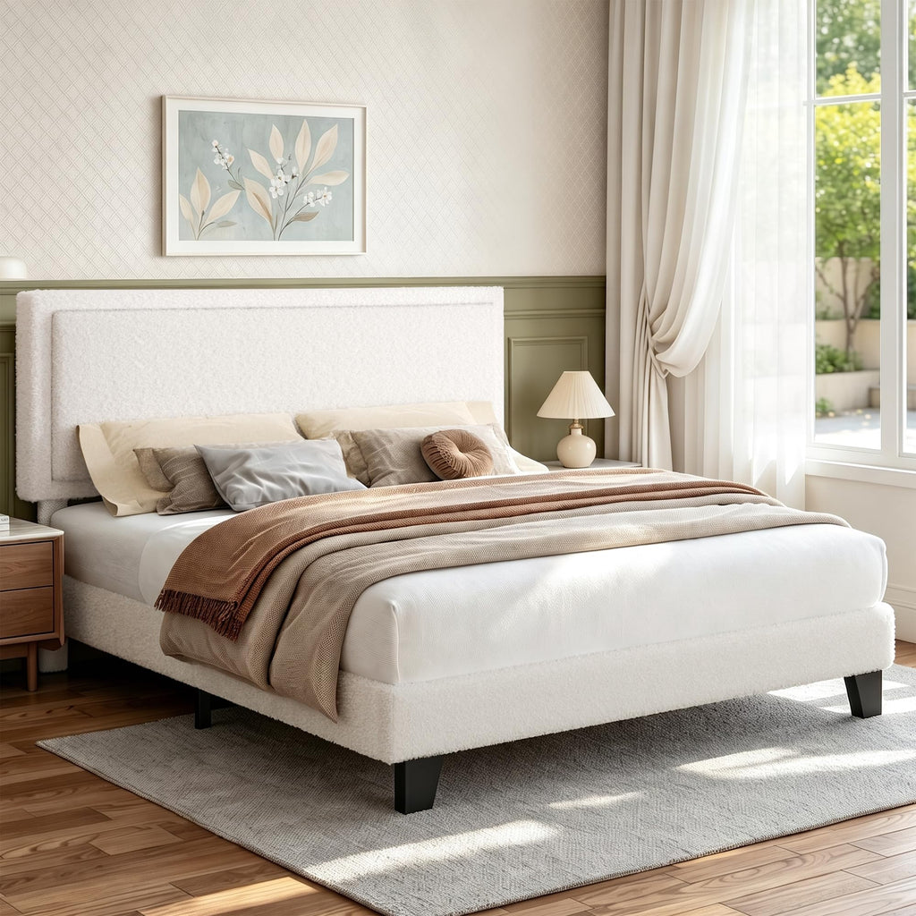 White Queen Size Upholstered Platform Bed Frame with Adjustable Headboard B77280