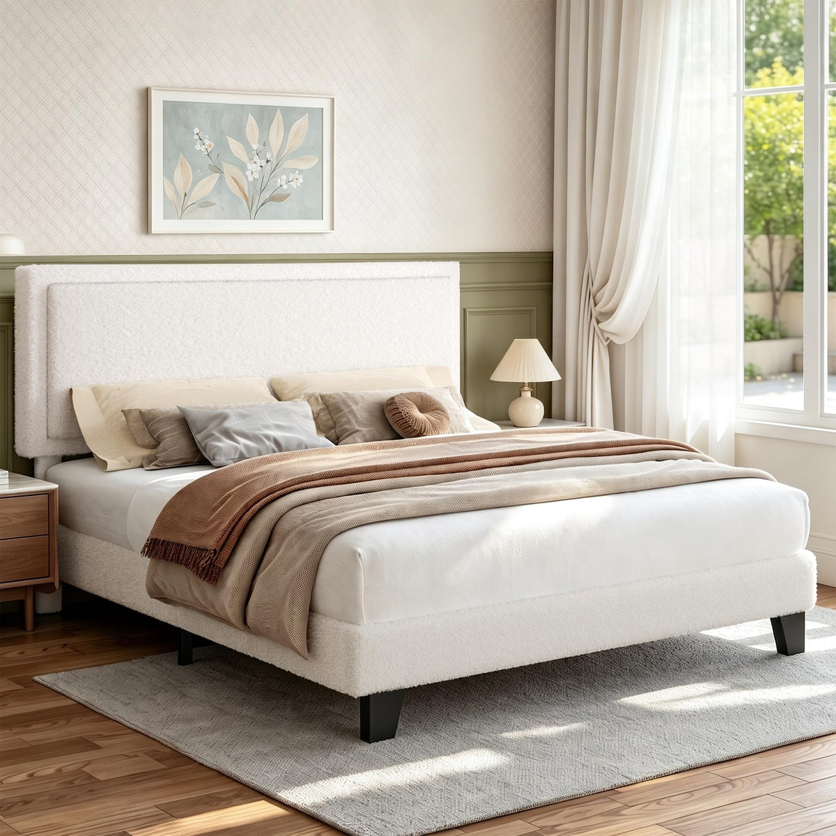 White Queen Size Upholstered Platform Bed Frame with Adjustable Headboard B77280
