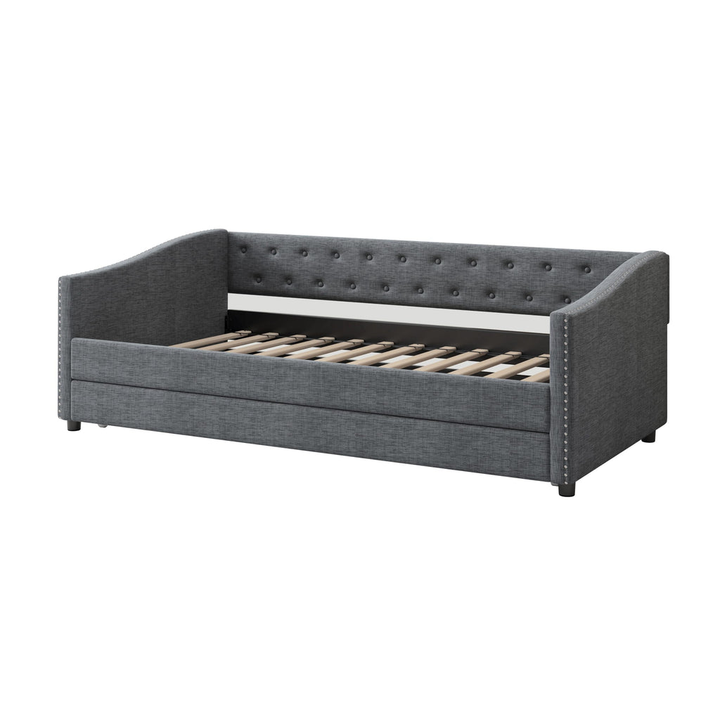 Twin Size Upholstered Daybed Frame with Trundle, Dark Grey D4218