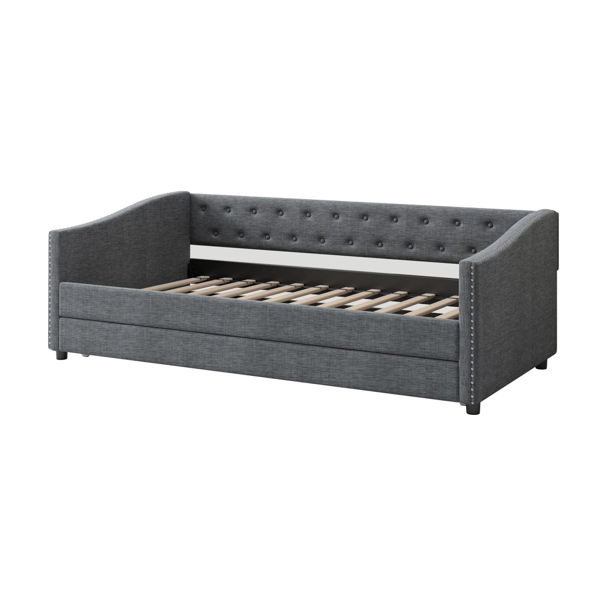 Twin Size Upholstered Daybed Frame with Trundle, Dark Grey D4218
