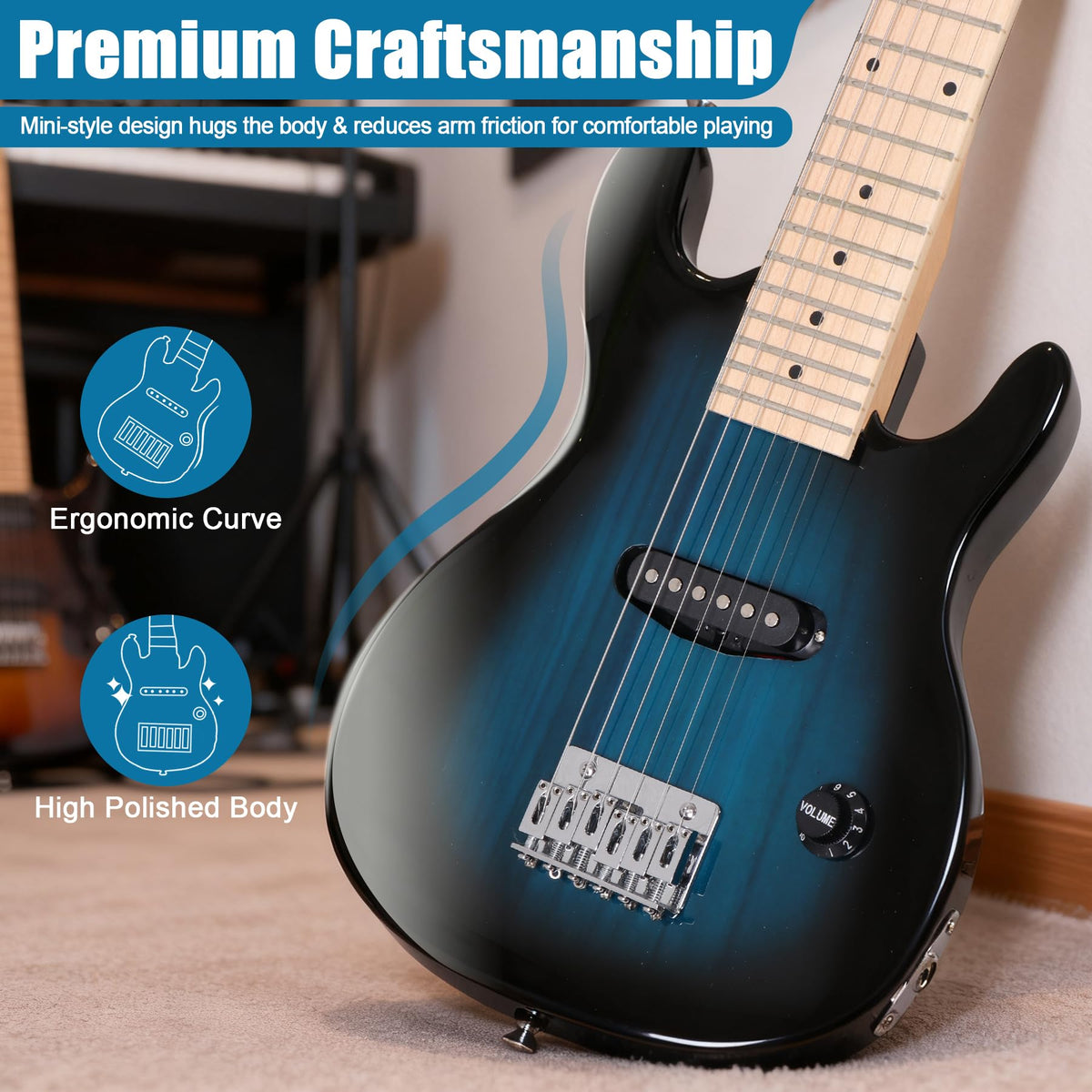 30 inch Kids Electric Guitar with 5w Amp, Gig Bag, Strap, Cable, Strings and Picks, Blue Z523346