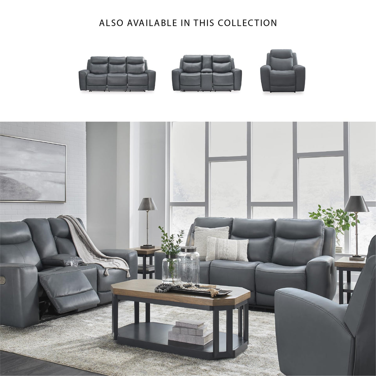 Gray Leather Match Power Reclining Loveseat with Console S235