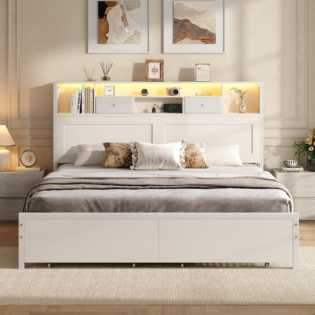 White Full Bed Frame with Storage Headboard and Drawers L6948