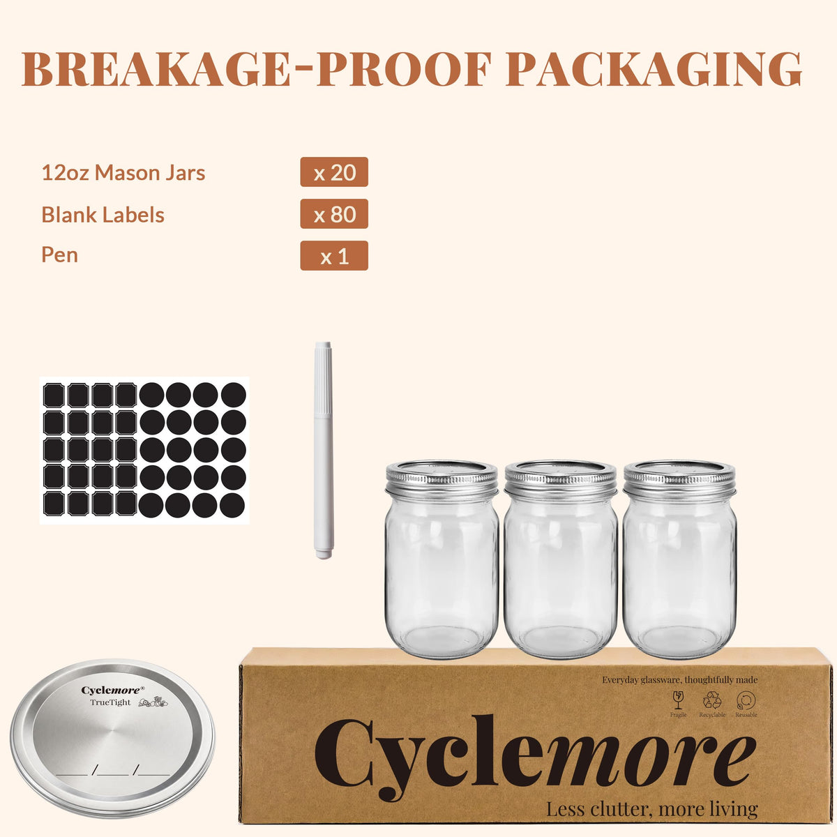 20 Pcs 12oz Glass Mason Jars With Lids F732