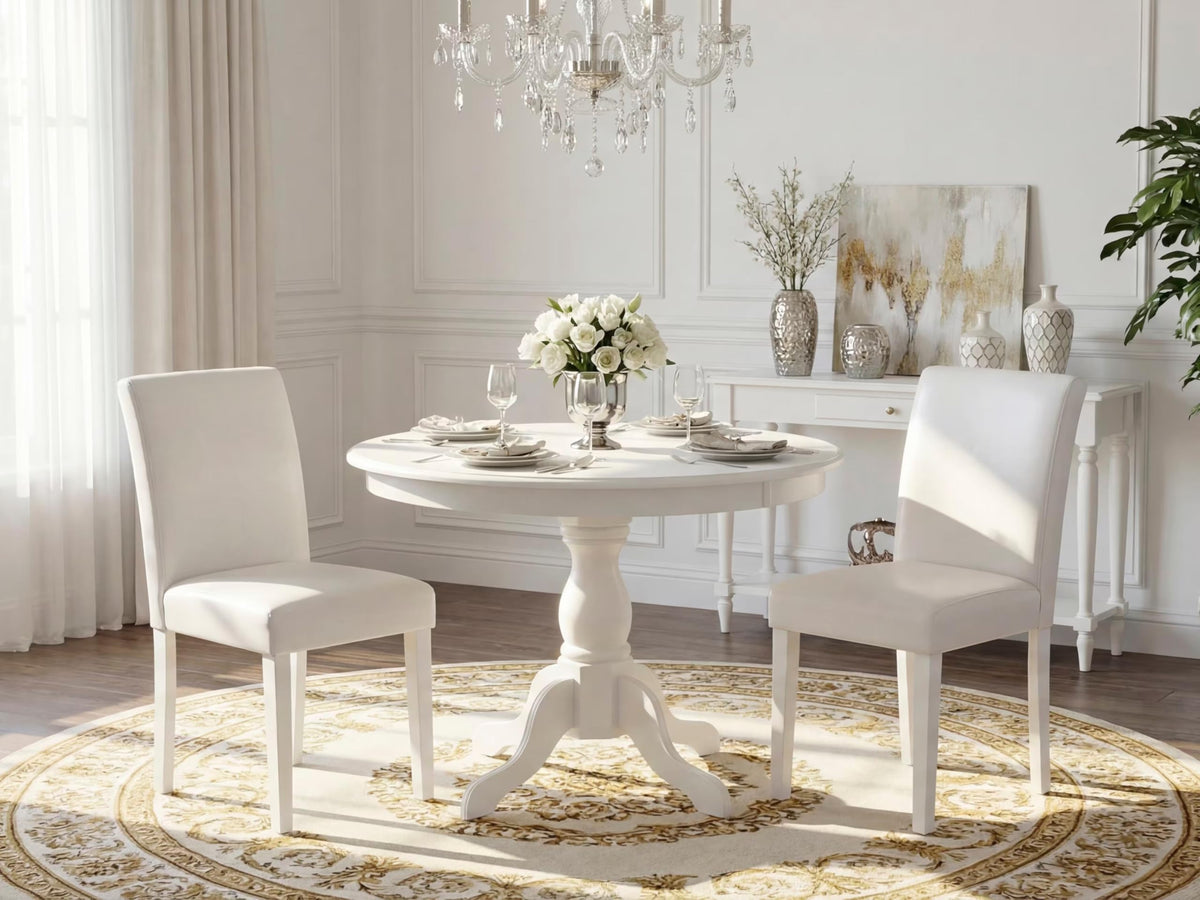 3 Piece Round Dining Table Set with 2 White Faux Leather Chairs W900324