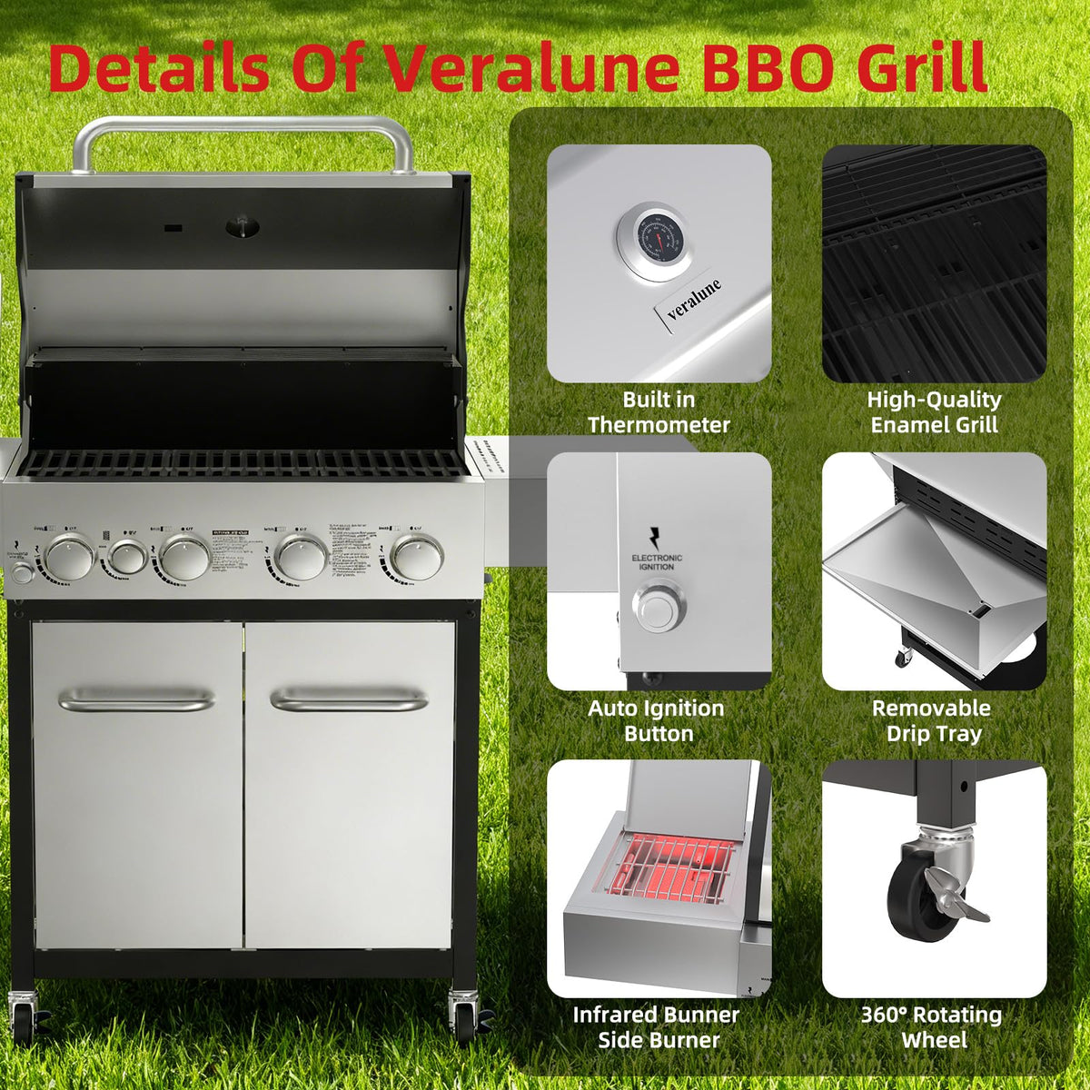 4 Burner Gas Grill with Side Burner and Wheels J792