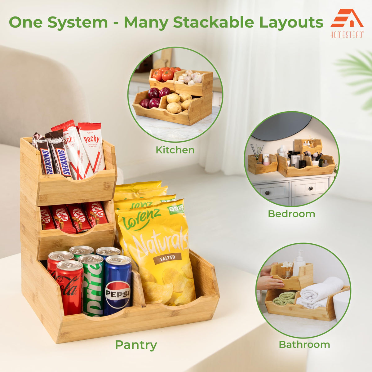 Bamboo Stackable Pantry Storage Bins Set of 3 Q4701