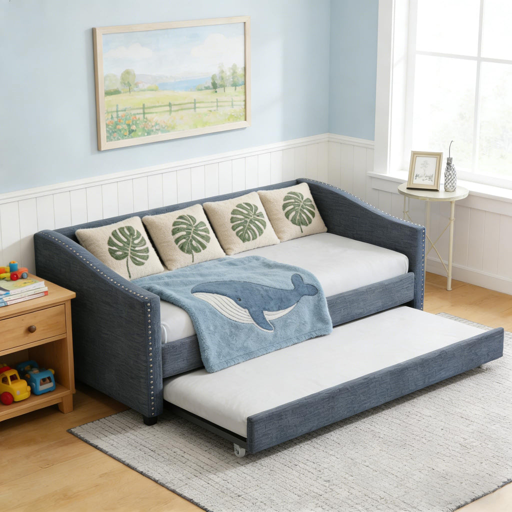 Twin Size Upholstered Daybed Frame with Trundle, Dark Grey D4218