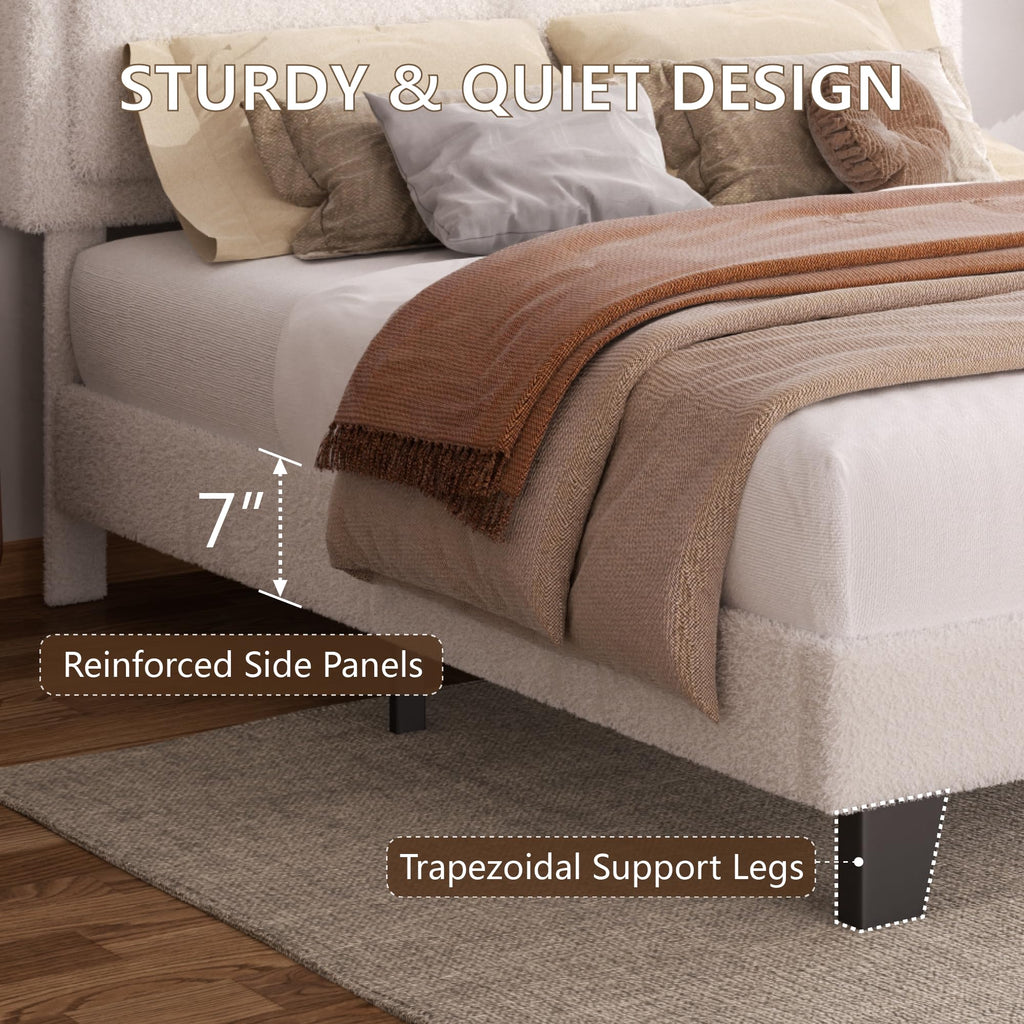 White Queen Size Upholstered Platform Bed Frame with Adjustable Headboard B77280