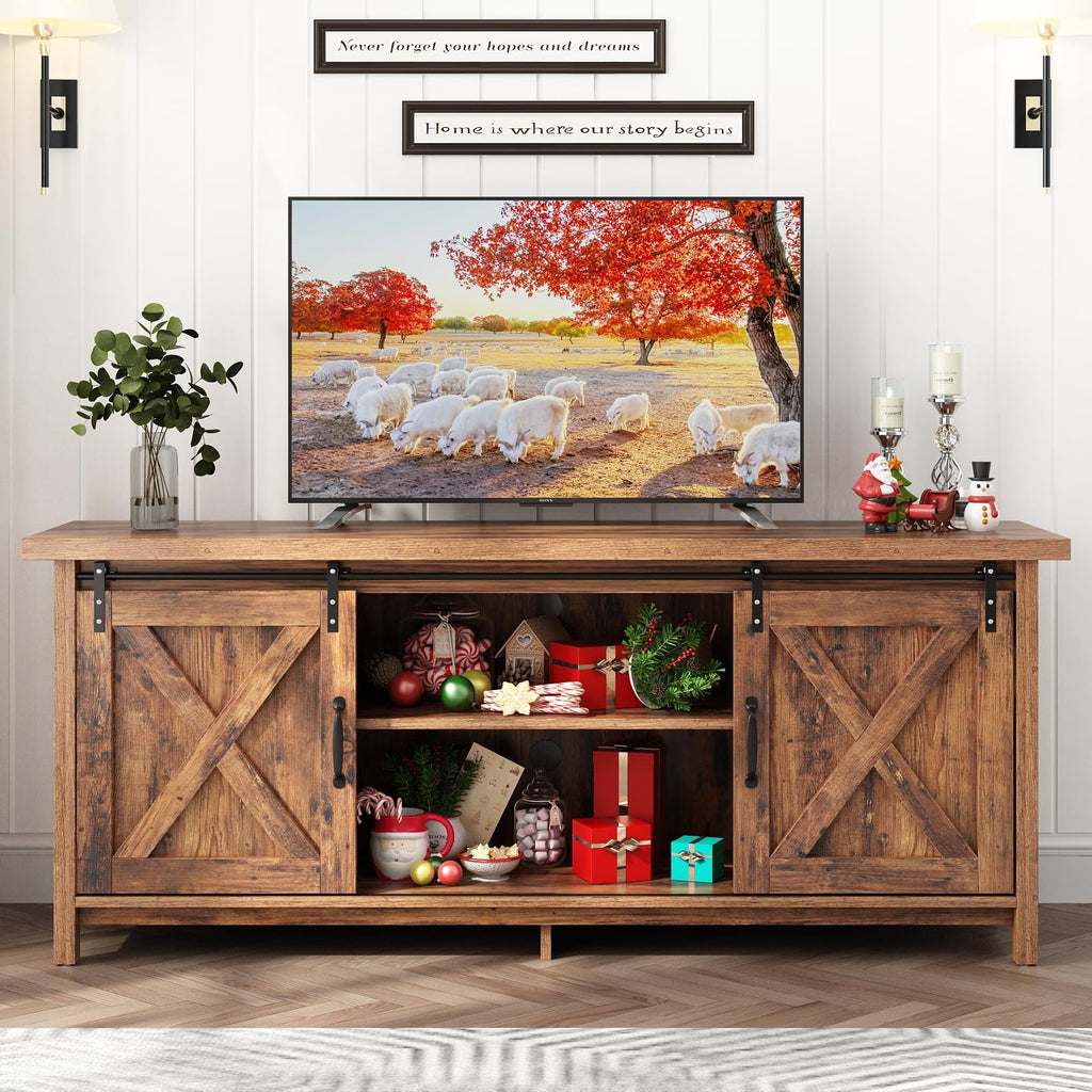Farmhouse TV Stand with Adjustable Shelves & Sliding Barn Door Q57713
