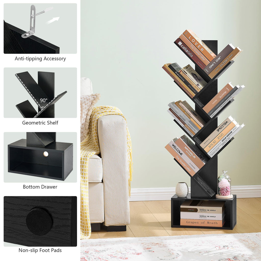 Black 6 Tier Wood Tree Bookshelf with Drawer D99322