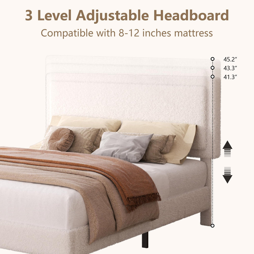 White Queen Size Upholstered Platform Bed Frame with Adjustable Headboard B77280