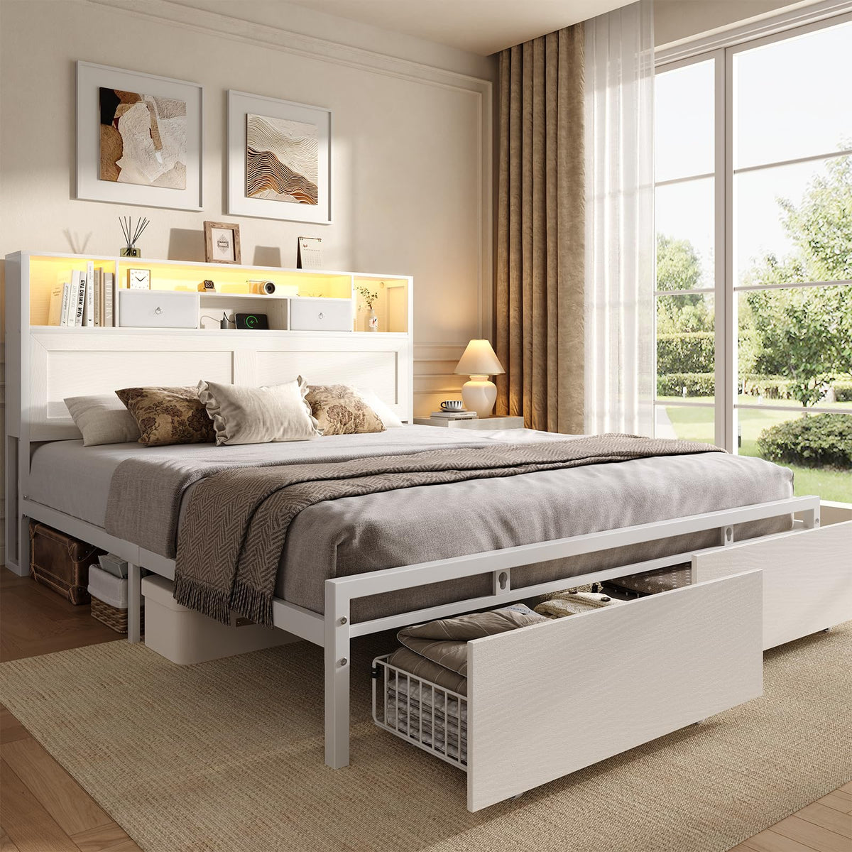 White Full Bed Frame with Storage Headboard and Drawers L6948