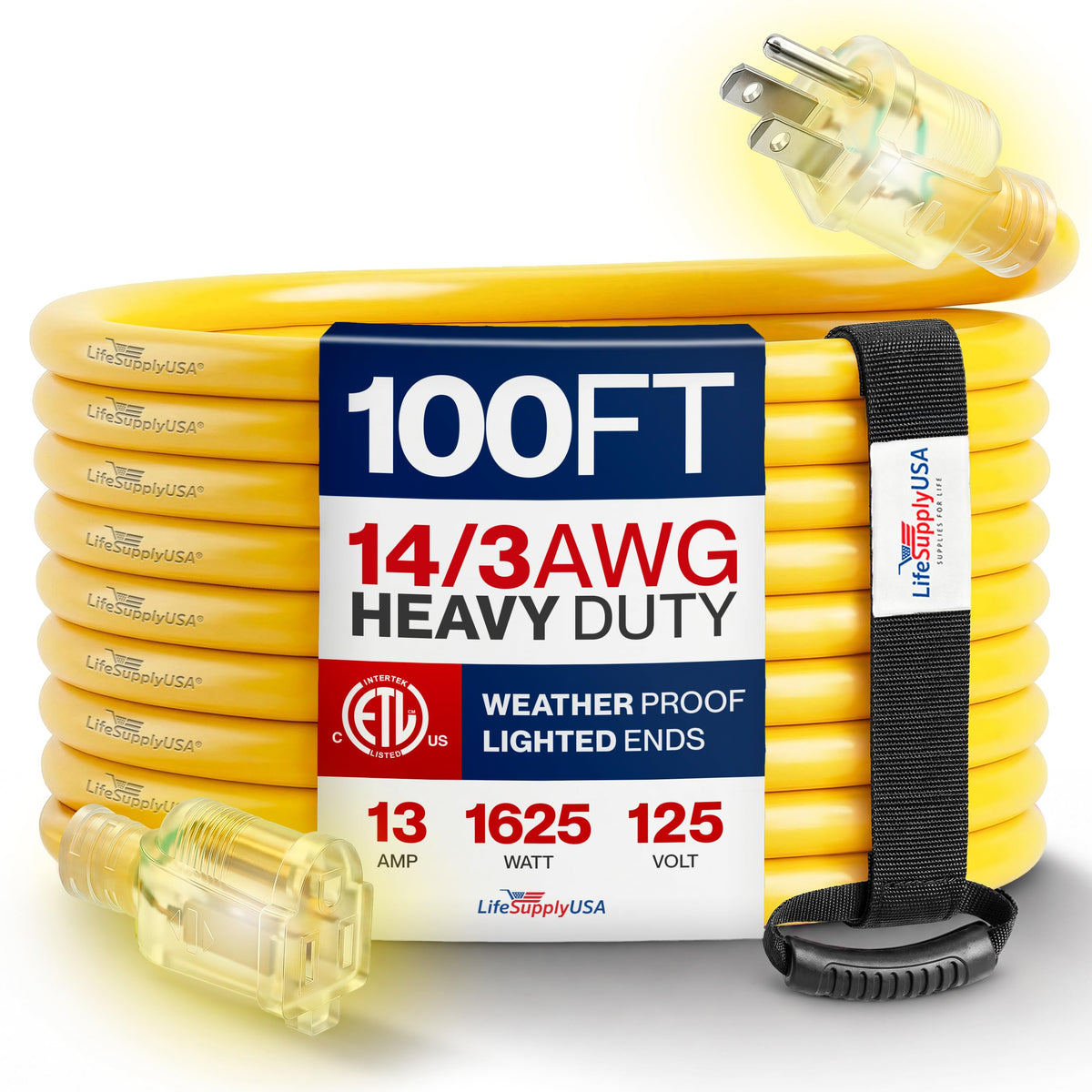 100ft Outdoor/Indoor Extension Cord 14/3 Gauge Heavy Duty 3 Prong SJTW Yellow J719207