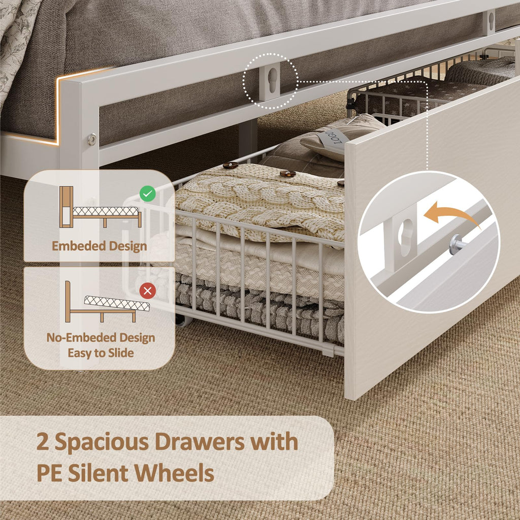 White Full Bed Frame with Storage Headboard and Drawers L6948